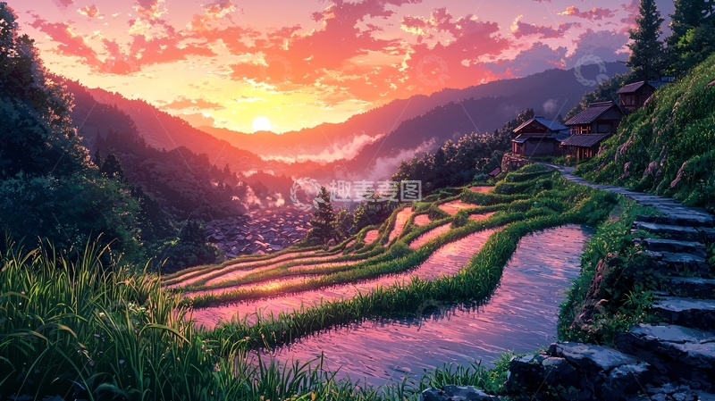 高清大图下载【趣麦麦图】日落山谷梯田村庄