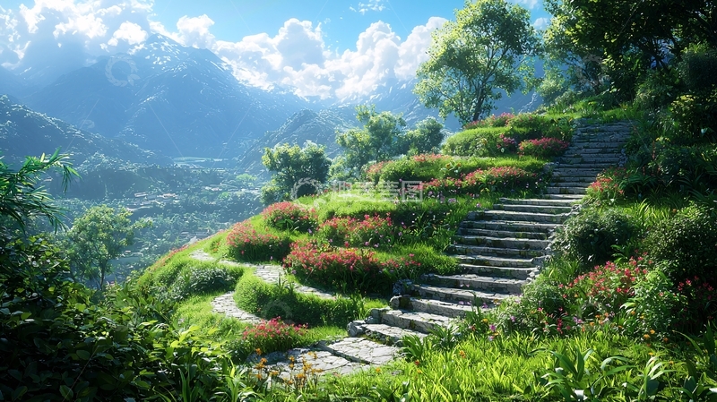 高清大图下载【趣麦麦图】山间石阶花园