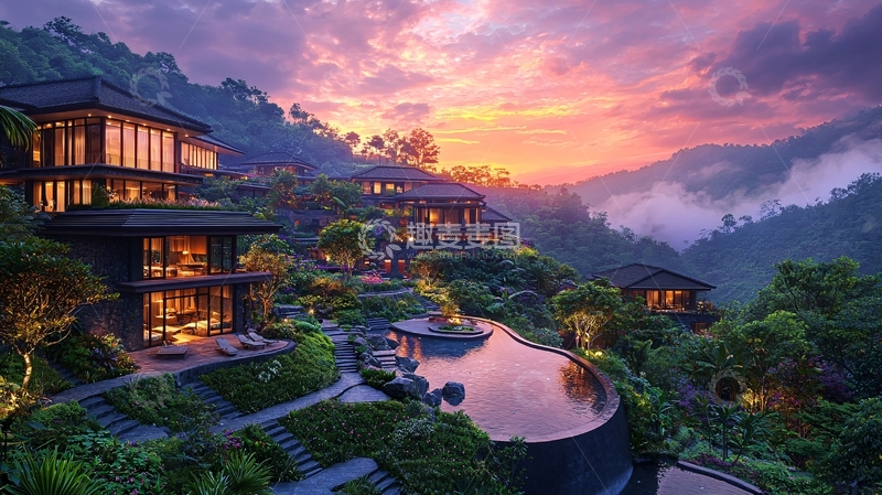 高清大图下载【趣麦麦图】山顶别墅日落美景