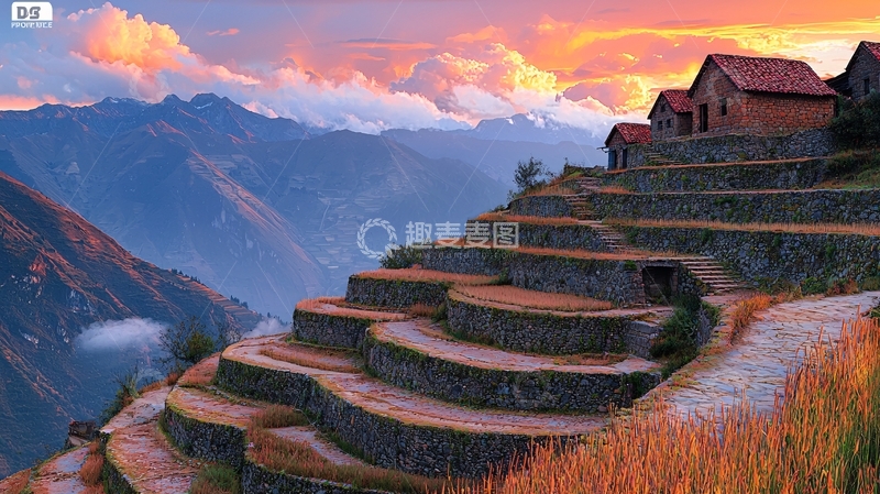 高清大图下载【趣麦麦图】山间梯田日落景色