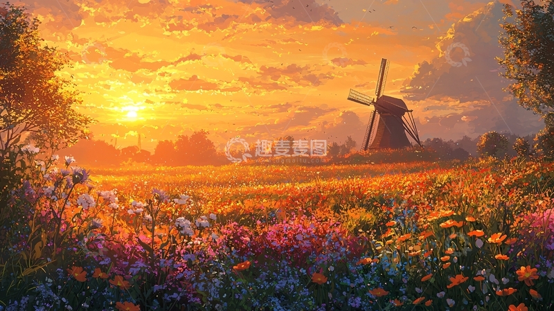 高清大图下载【趣麦麦图】日落麦田风车风景画