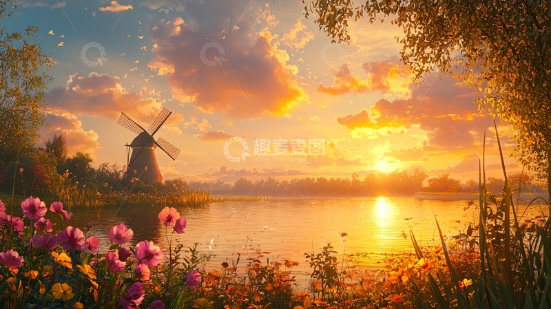 高清大图下载【趣麦麦图】夕阳下湖边古老的风车