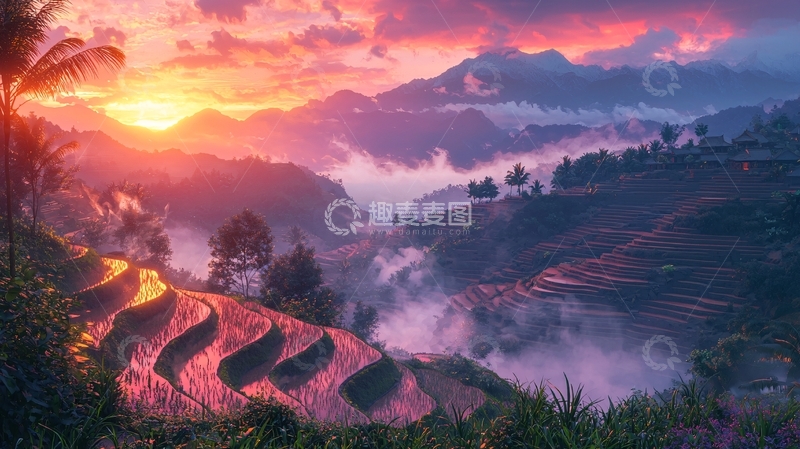 高清大图下载【趣麦麦图】日出云海梯田美景