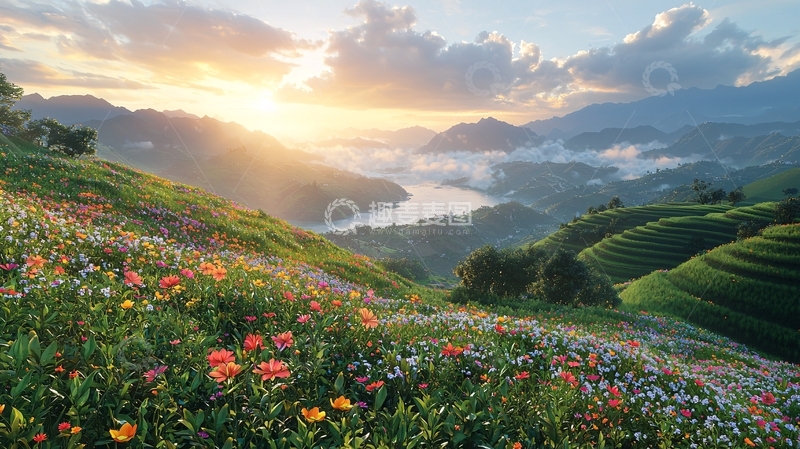 高清大图下载【趣麦麦图】日出山峦花海梯田