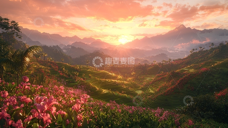高清大图下载【趣麦麦图】夕阳下壮丽山谷花海