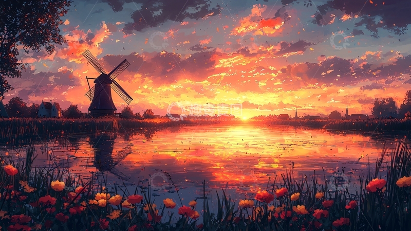 高清大图下载【趣麦麦图】夕阳西下风车美景