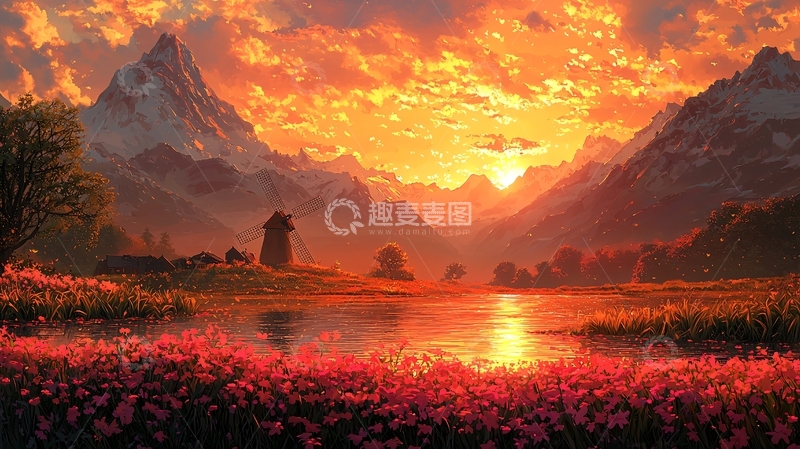 高清大图下载【趣麦麦图】火焰般夕阳下的雪山湖泊