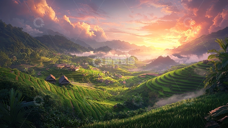 高清大图下载【趣麦麦图】日落下的梯田风景