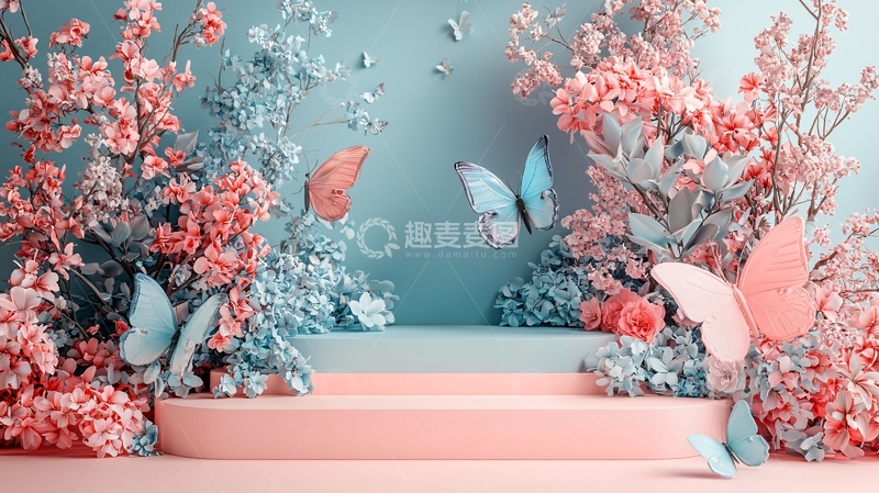 高清大图下载【趣麦麦图】梦幻粉色花朵蝴蝶背景