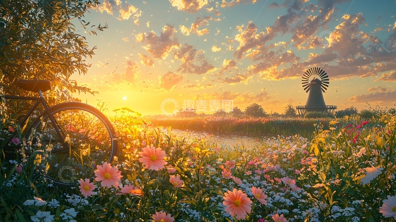 高清大图下载【趣麦麦图】日出自行车田园风光