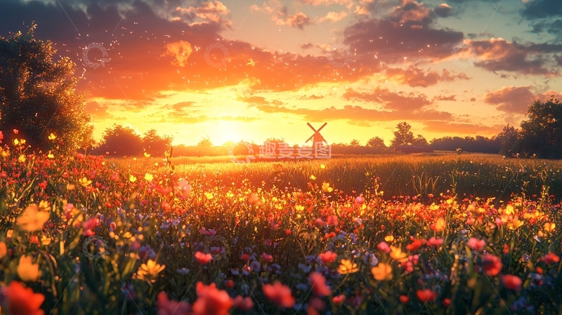 高清大图下载【趣麦麦图】夕阳下的花海与风车