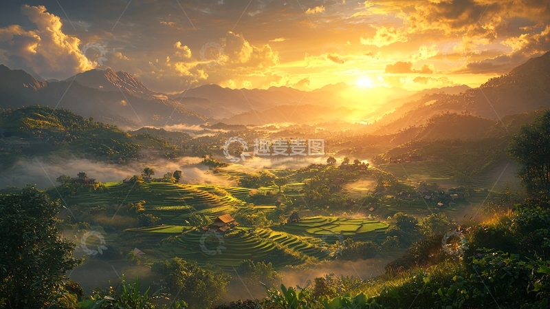 高清大图下载【趣麦麦图】日出山峦梯田美景
