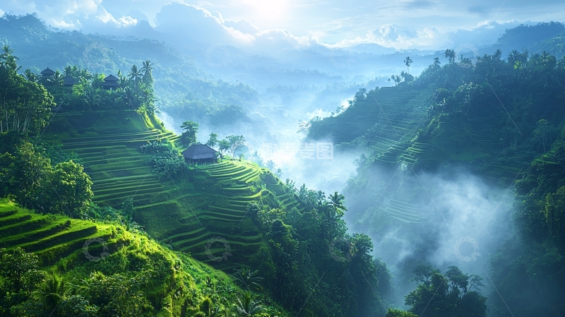 高清大图下载【趣麦麦图】雾气缭绕的山峦梯田