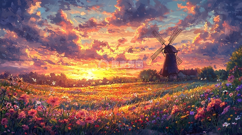 高清大图下载【趣麦麦图】日落风车花海田园