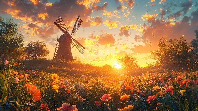 高清大图下载【趣麦麦图】日落风车花海田园