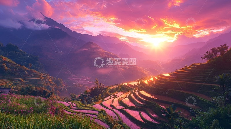高清大图下载【趣麦麦图】壮丽山峦日出梯田景色