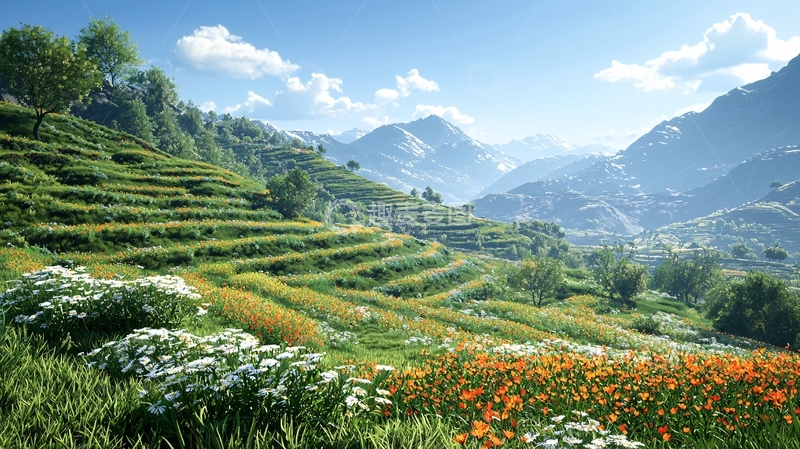 高清大图下载【趣麦麦图】山间梯田花海