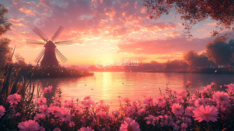 高清大图下载【趣麦麦图】夕阳下湖边粉色花海风车