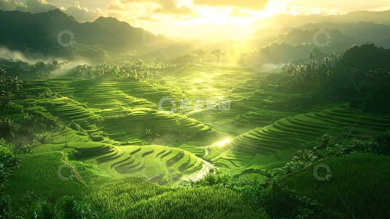 高清大图下载【趣麦麦图】阳光照耀下的绿色梯田