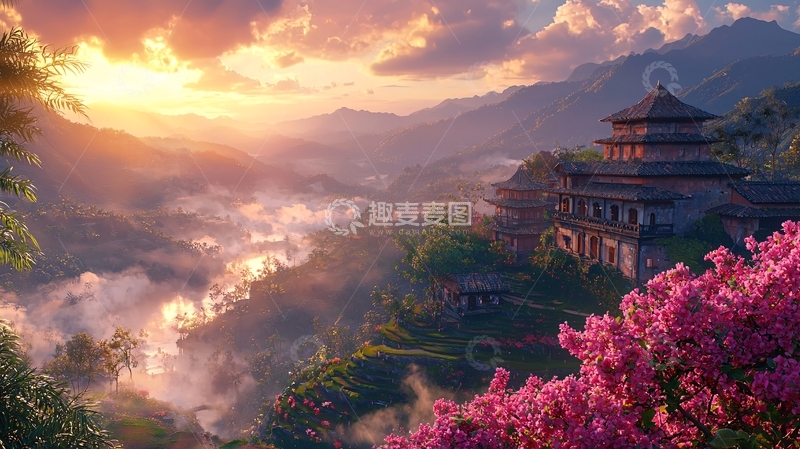 高清大图下载【趣麦麦图】日出山峦寺庙景色