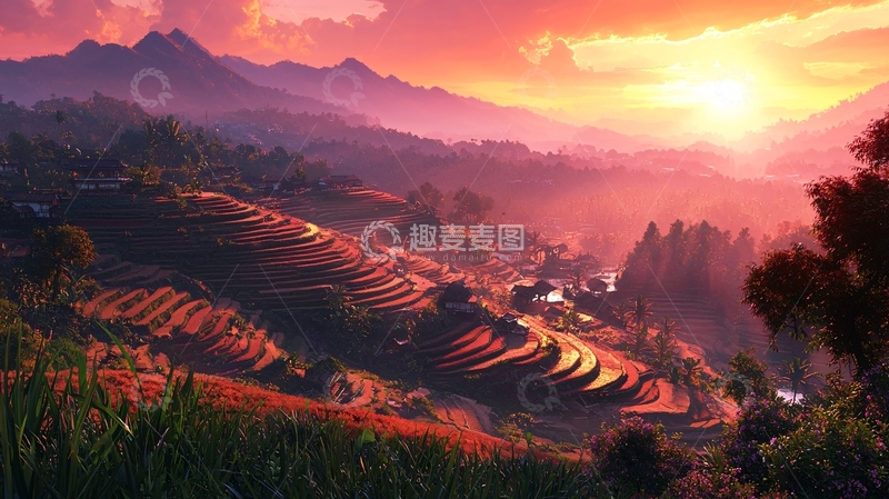 高清大图下载【趣麦麦图】日落下的梯田山峦