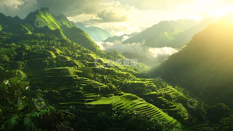 高清大图下载【趣麦麦图】阳光下的绿色梯田山峰