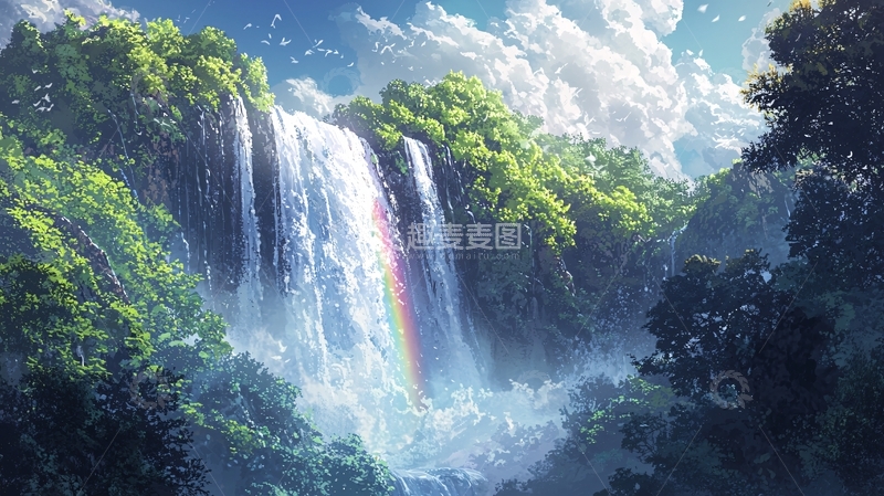 高清大图下载【趣麦麦图】梦幻瀑布彩虹风景
