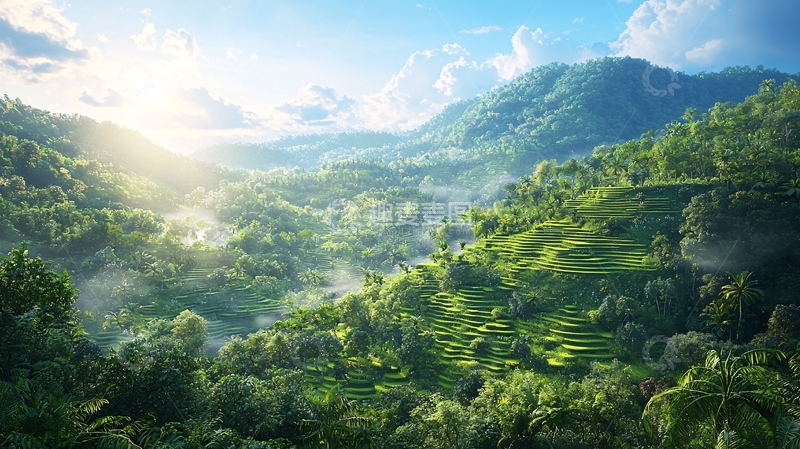 高清大图下载【趣麦麦图】阳光洒在绿意盎然的群山