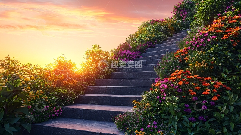 高清大图下载【趣麦麦图】日落花海石阶