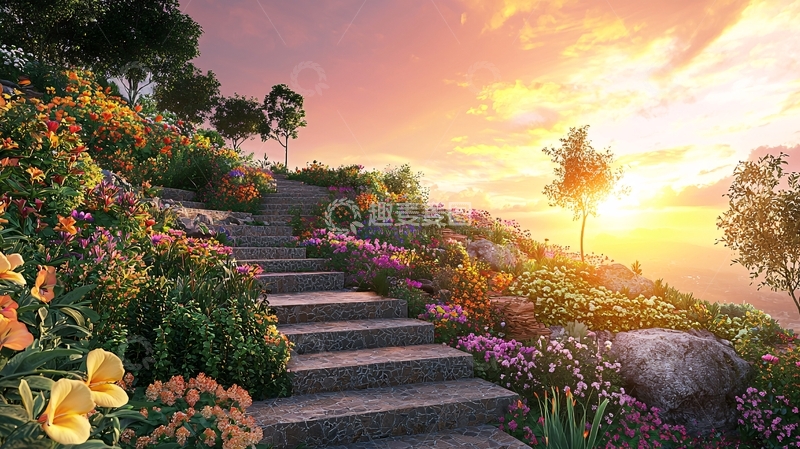 高清大图下载【趣麦麦图】花园台阶日落景色