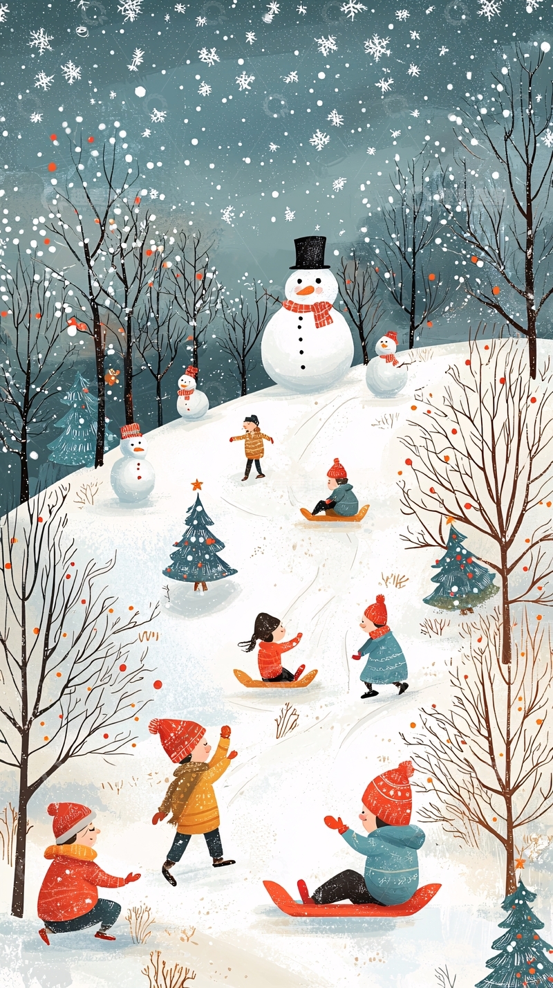 高清大图下载【趣麦麦图】冬日雪景儿童玩乐图