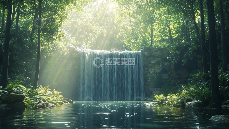 高清大图下载【趣麦麦图】阳光森林瀑布