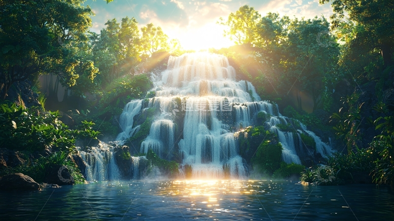 高清大图下载【趣麦麦图】阳光森林瀑布