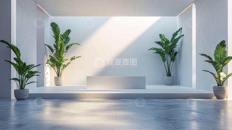 高清大图下载【趣麦麦图】极简白墙绿植室内空间