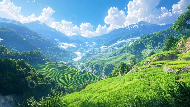 高清大图下载【趣麦麦图】阳光明媚的山谷梯田风光