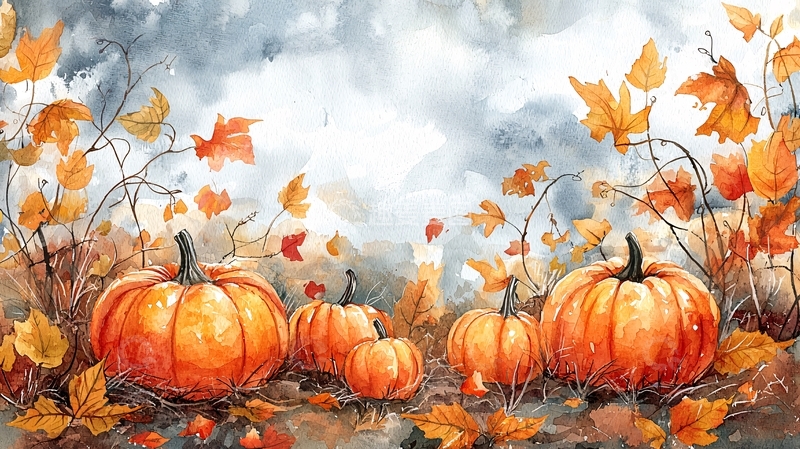 高清大图下载【趣麦麦图】秋日南瓜水彩画