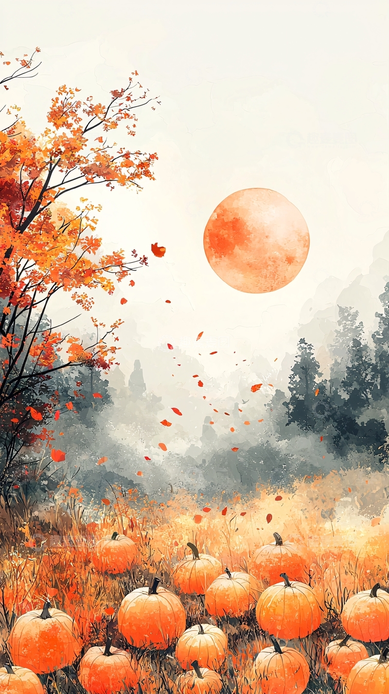 高清大图下载【趣麦麦图】秋日南瓜田与血月