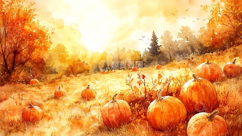 高清大图下载【趣麦麦图】秋日南瓜田园水彩画