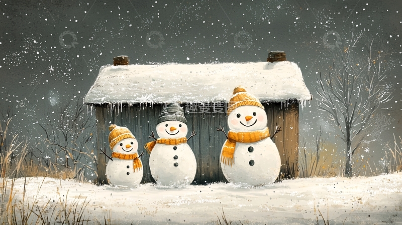 高清大图下载【趣麦麦图】雪地里三个雪人一家