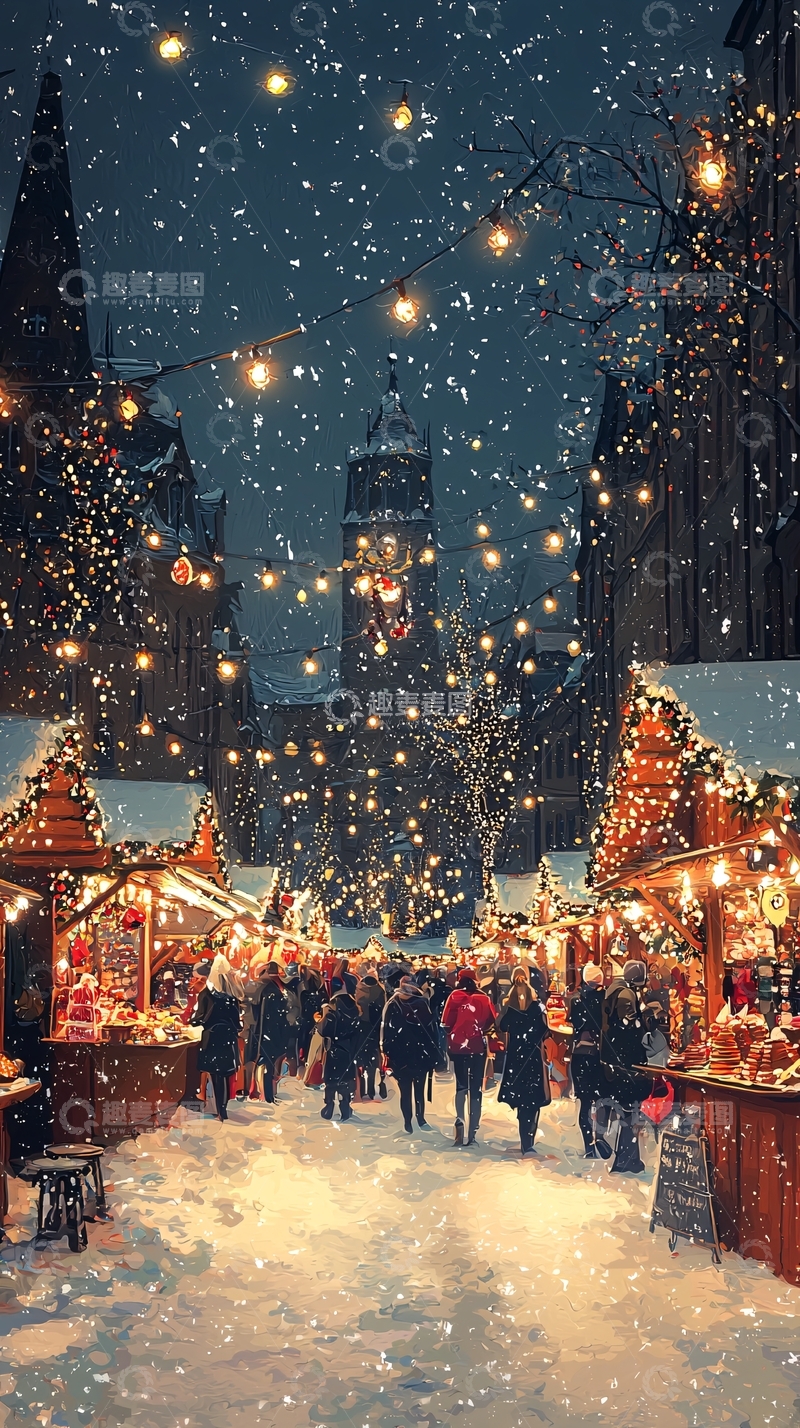 高清大图下载【趣麦麦图】下雪的圣诞集市夜景