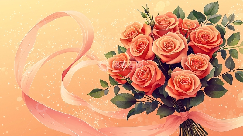 高清大图下载【趣麦麦图】粉色丝带围绕的橙色玫瑰花束