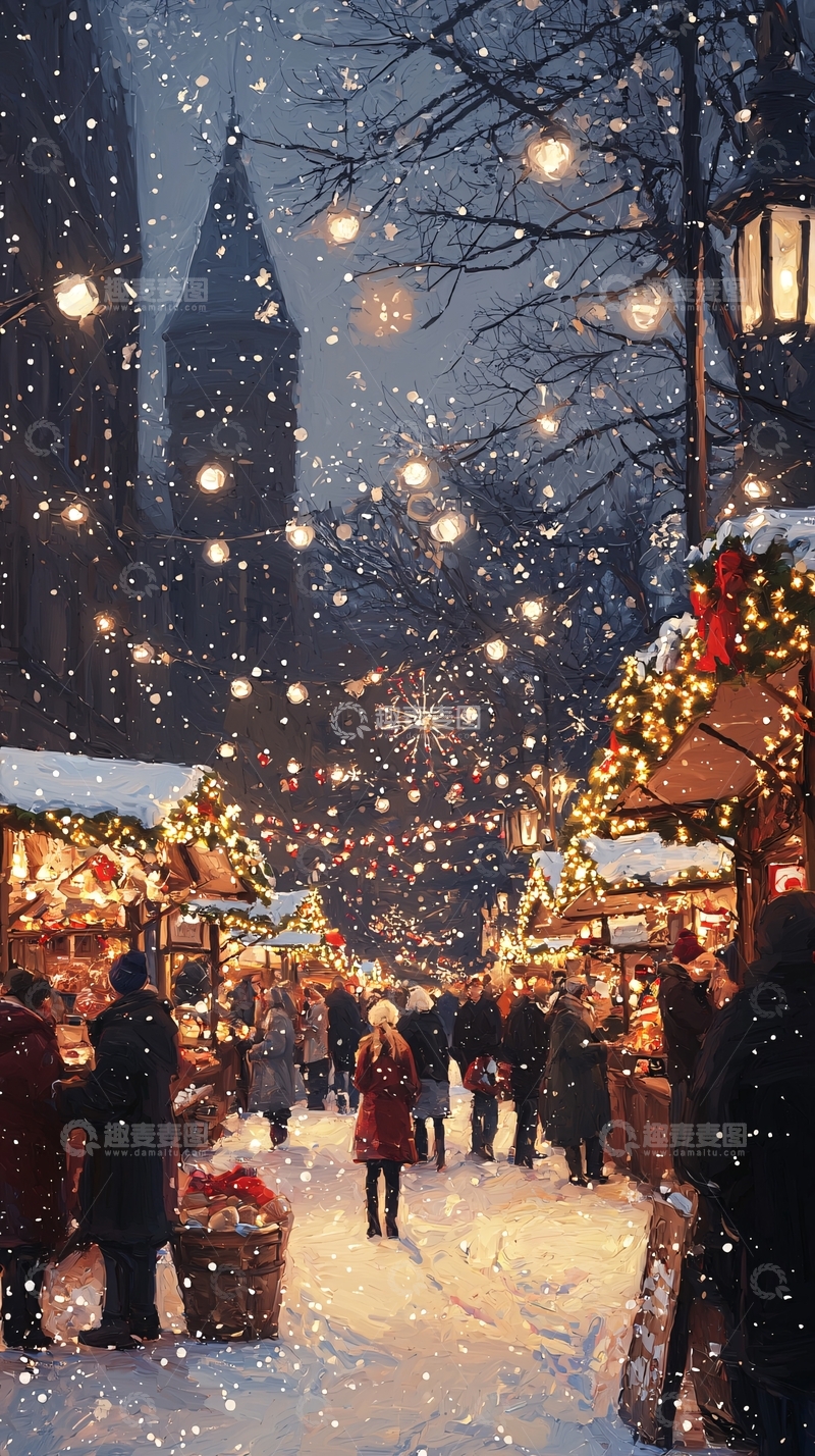高清大图下载【趣麦麦图】下雪的圣诞集市夜景