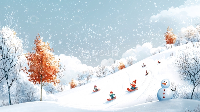 高清大图下载【趣麦麦图】冬日雪景卡通插画