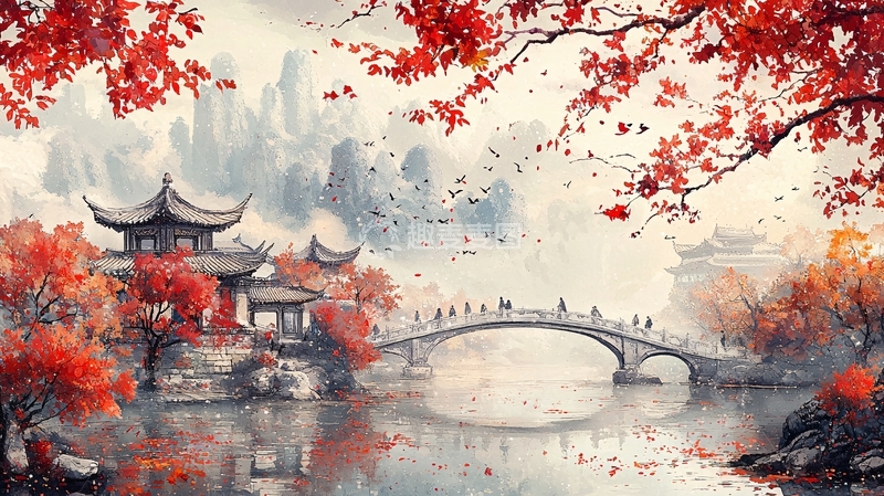 高清大图下载【趣麦麦图】红叶秋景水墨画