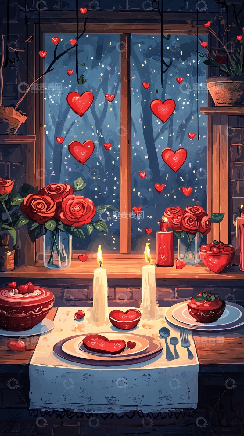 高清大图下载【趣麦麦图】浪漫情人节晚餐窗景