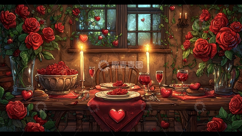 高清大图下载【趣麦麦图】浪漫红玫瑰烛光晚餐