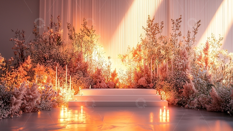 高清大图下载【趣麦麦图】光线透过花丛照射到白色展台上