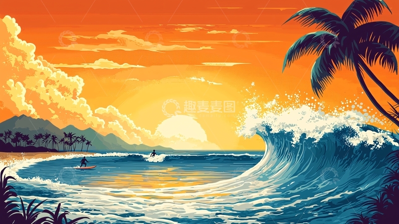 高清大图下载【趣麦麦图】日落海滩冲浪场景