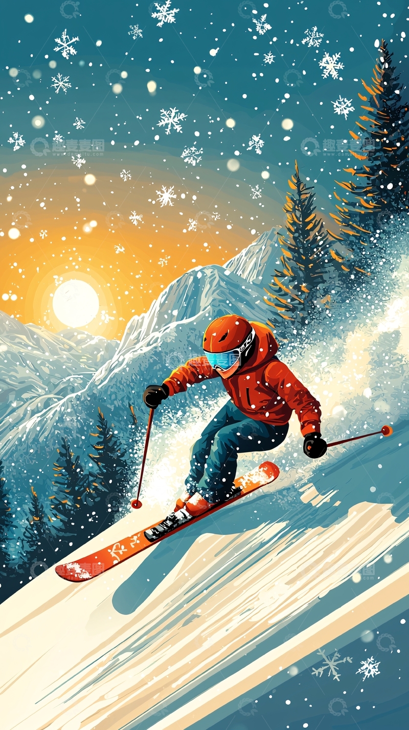 高清大图下载【趣麦麦图】雪山滑雪日落
