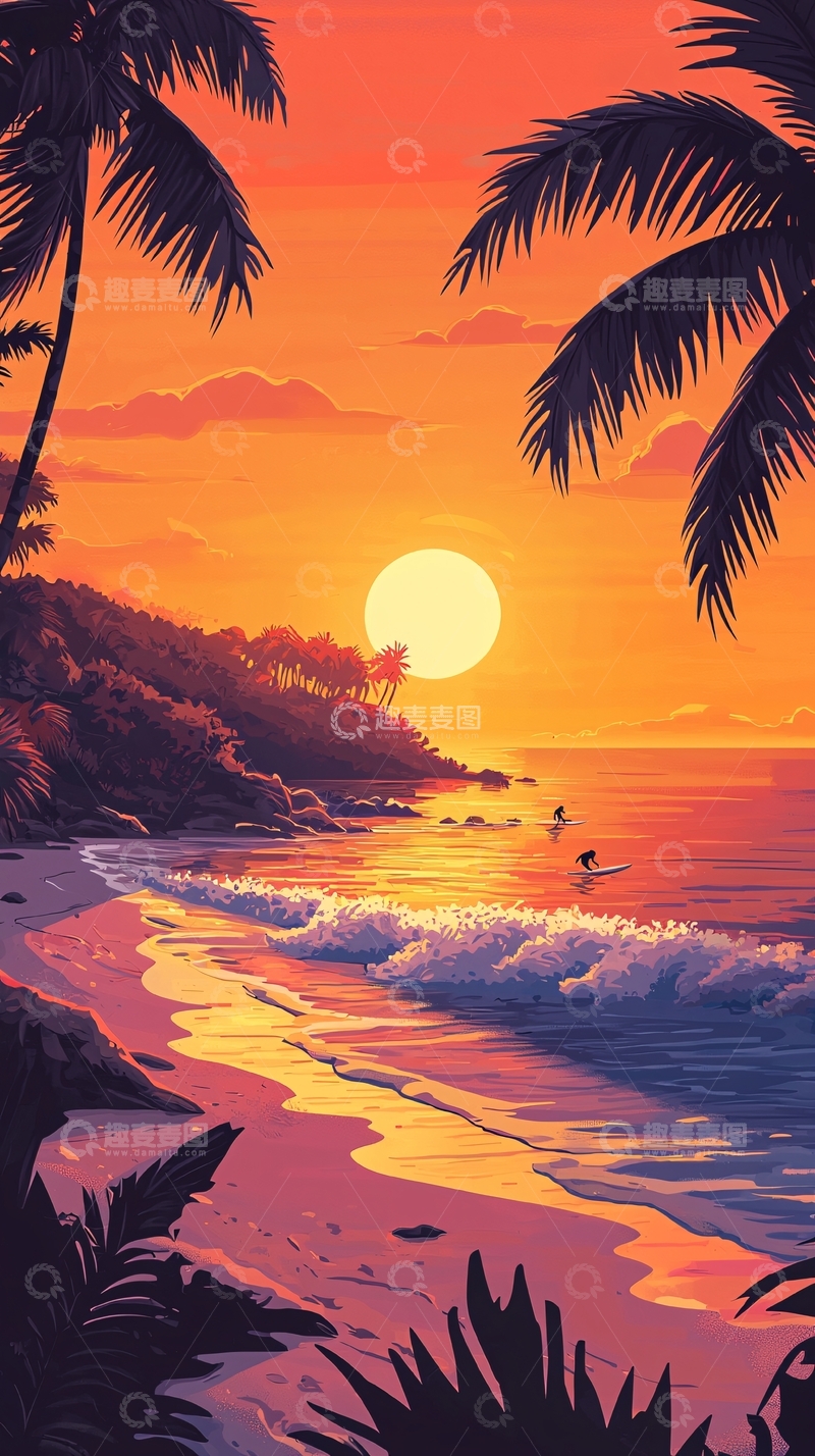 高清大图下载【趣麦麦图】热带海滩日落剪影